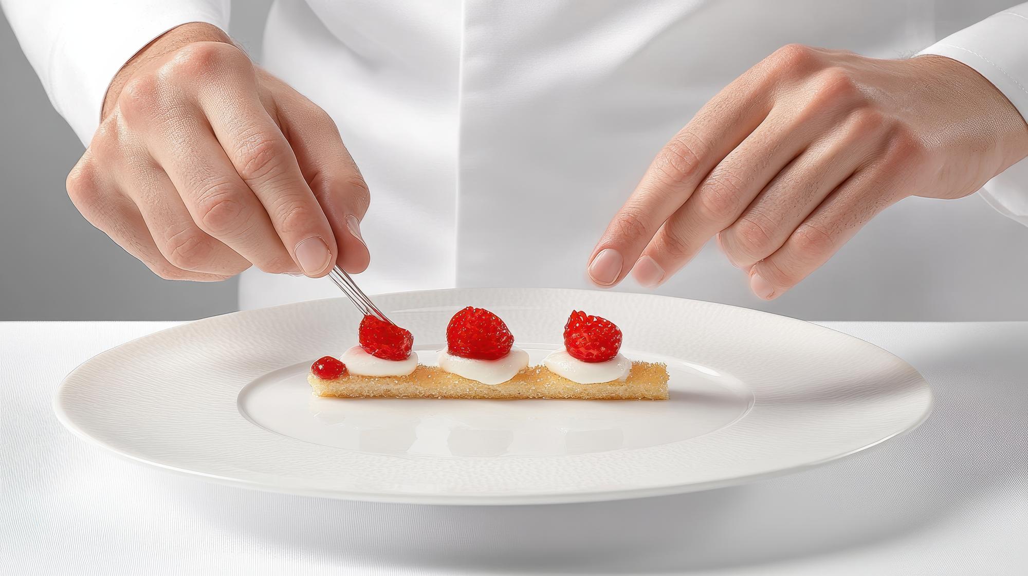 chef hands finishing a dessert with torch